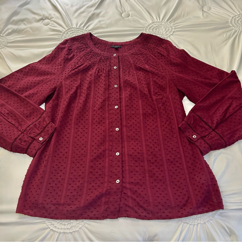 Talbots Cranberry Red Swiss Dot Button Down Balloon Sleeve Scoop Neck Tunic Sz L